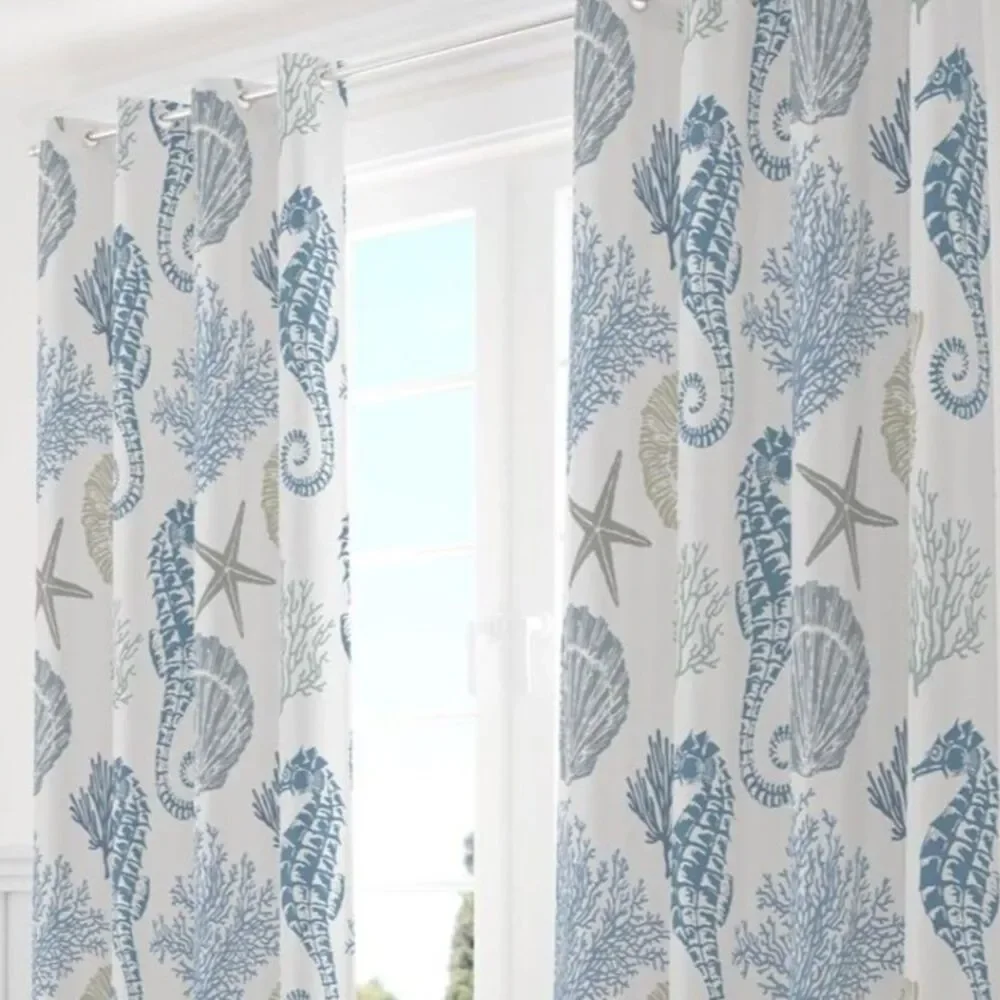 Set of 2 Panels, 52x96 Inches, Nautical Coastal Curtains (Blue and White)